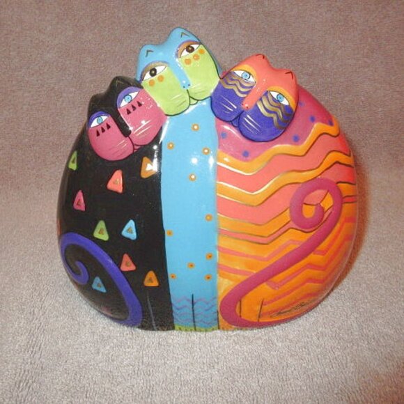 Vtg Laurel Burch Rainbow Cats Sculpture Feline Kitty Trio Hand Painted Signed - Picture 1 of 12